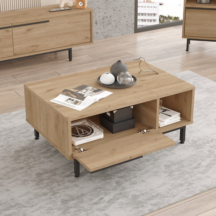 Hanah Home On2-S Mesa de Centro Moderna en Nogal con Patas de Metal, 90x37.6x60 cm